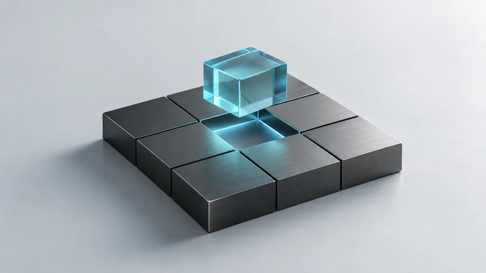 A cyan glass module hovering above a matching recess in a graphite grid, representing controlled AI integration.