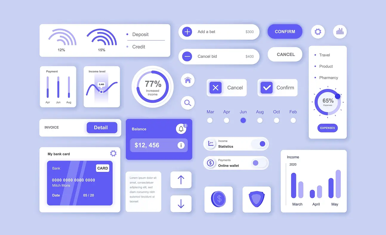 Purple UI components including buttons, forms, charts and icons