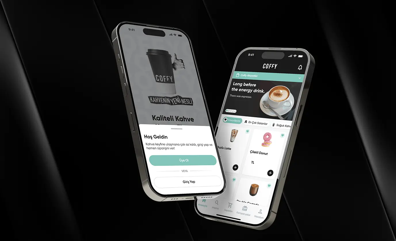 Two phones showing the COFFY welcome and coffee menu screens