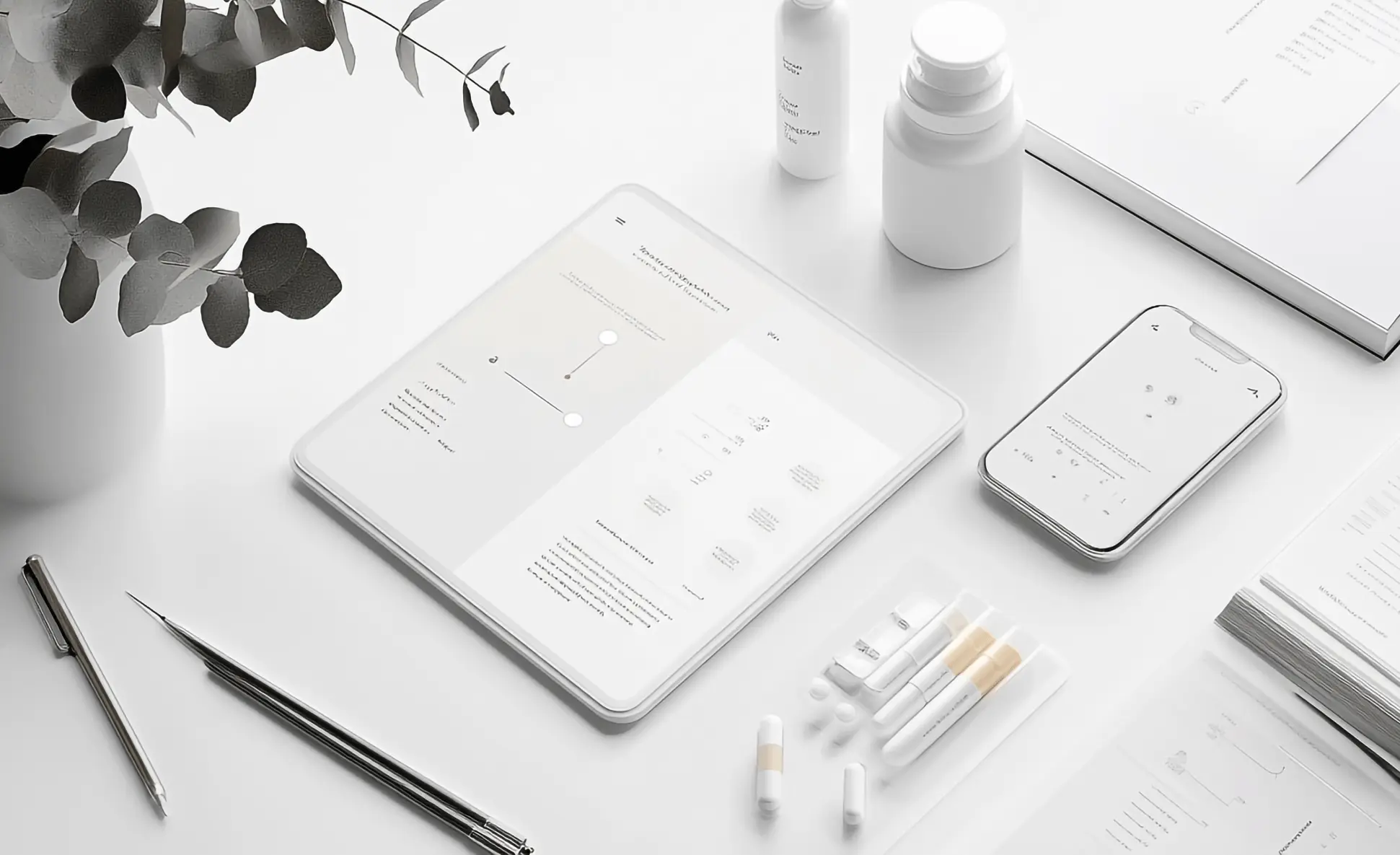 A tablet, phone and mobile interface drafts arranged on a white desk