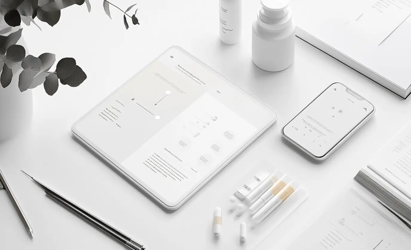A tablet, phone and mobile interface drafts arranged on a white desk