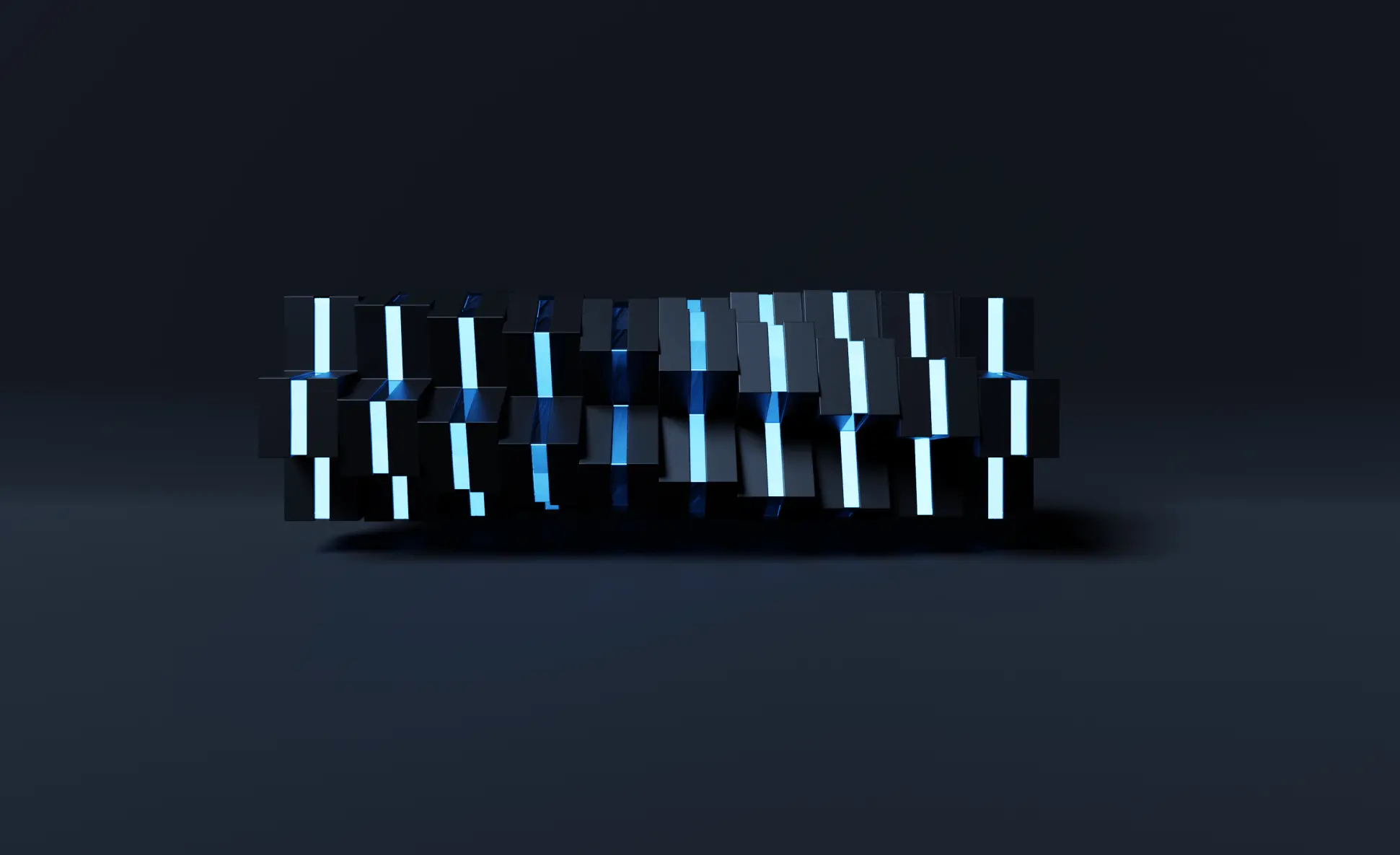 A layered three-dimensional structure made of blue and black rectangles