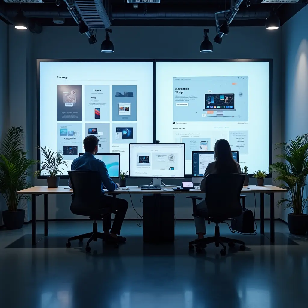 Two designers reviewing product interfaces on a large display