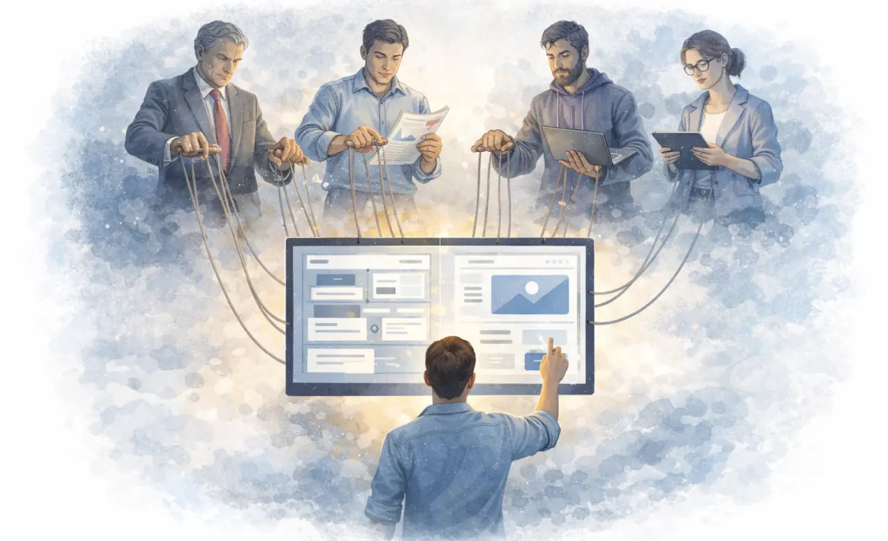 A designer and product interface directed by strings held by different stakeholders