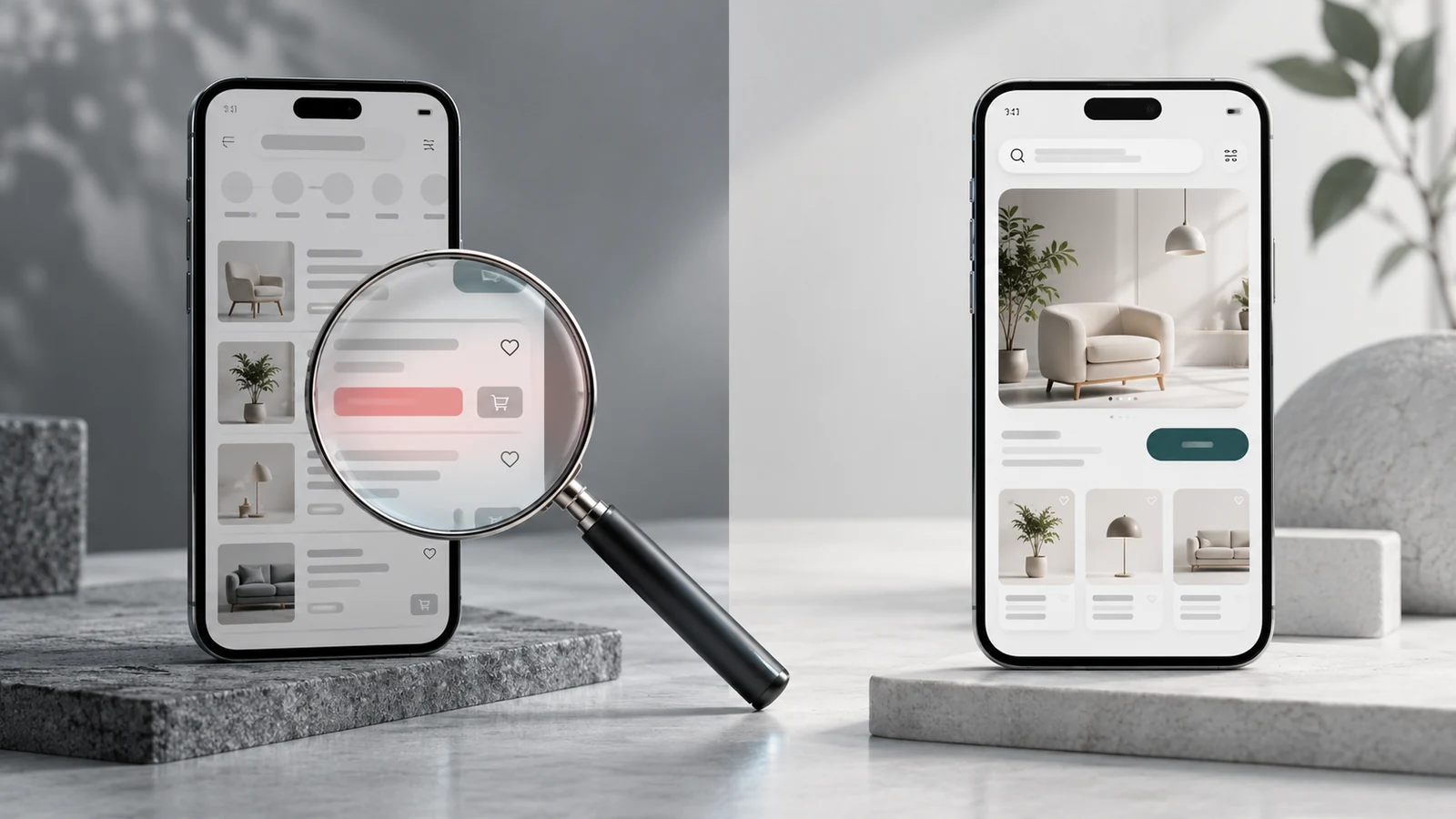 An interface examined with a magnifying lens beside a redesigned application screen