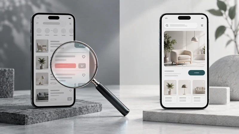 An interface examined with a magnifying lens beside a redesigned application screen