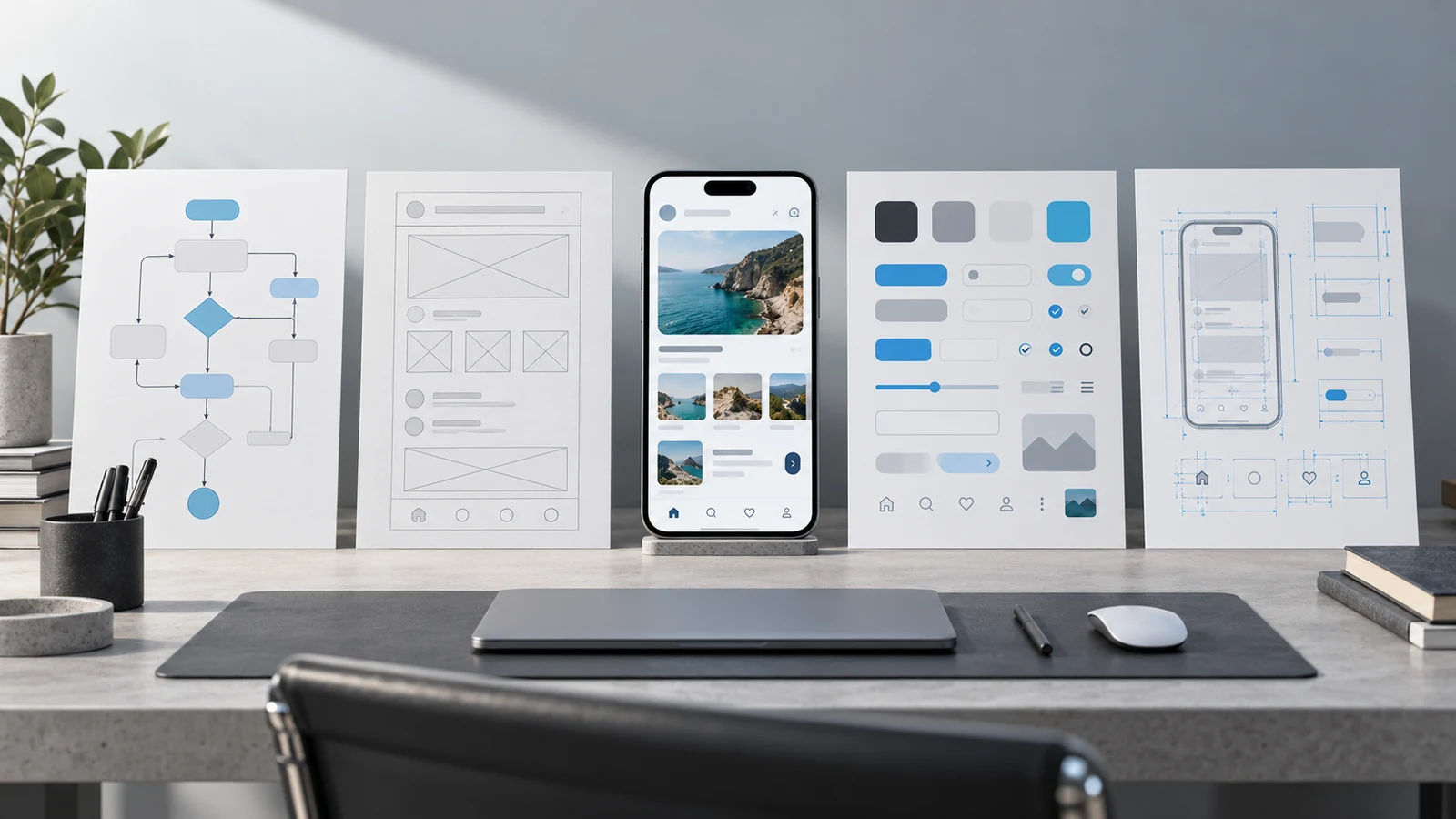 Design deliverables showing a user flow, wireframes, interface screens and components