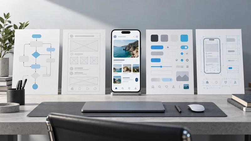 Design deliverables showing a user flow, wireframes, interface screens and components