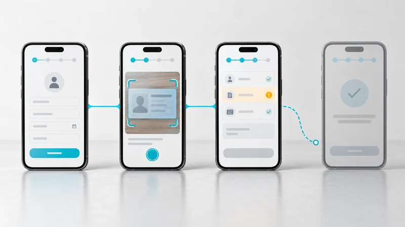Profil, kimlik doğrulama ve başvuru durumunu gösteren fintech mobil ekranları