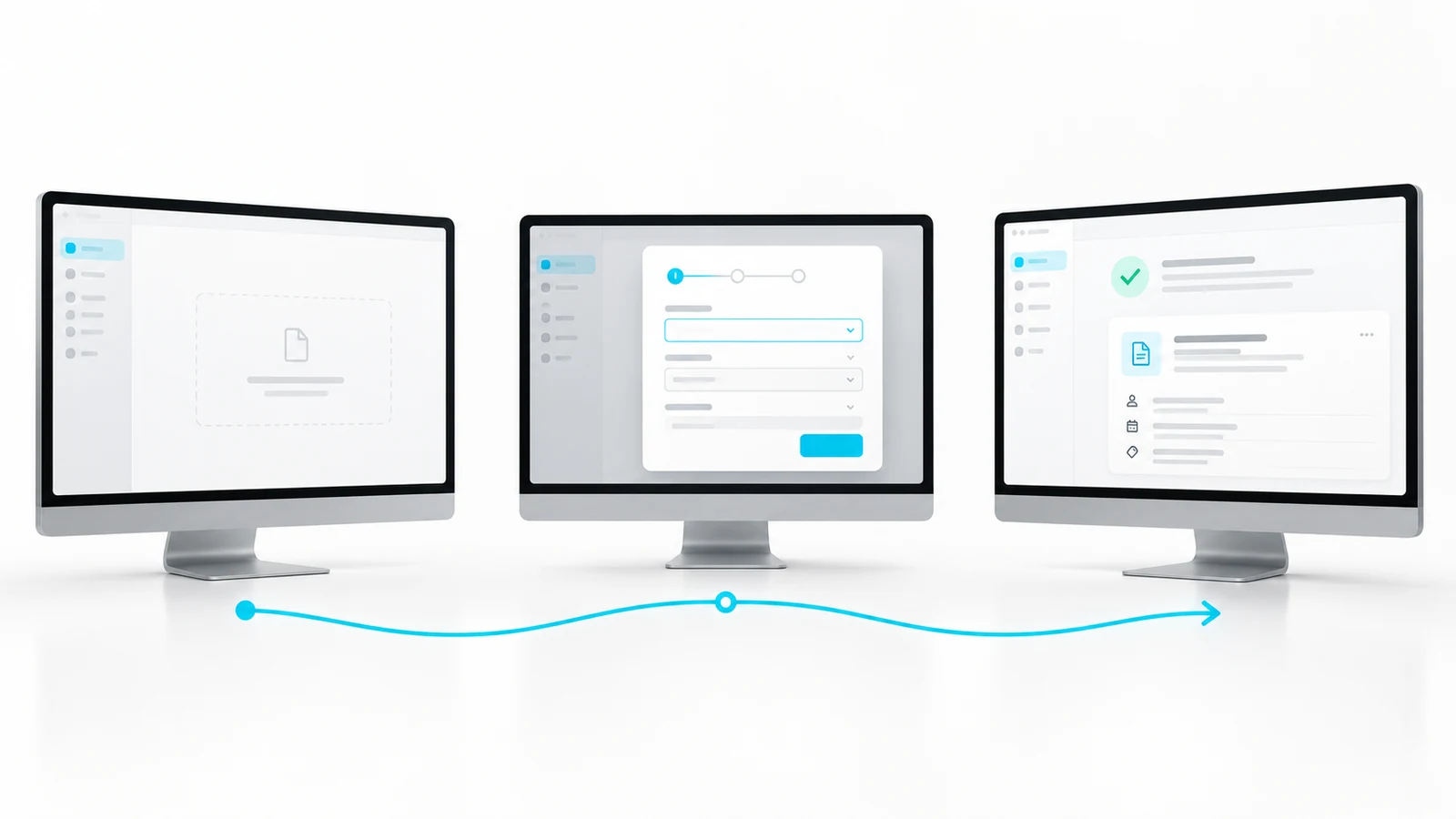 Three SaaS screens moving from an empty state through setup to a first useful report