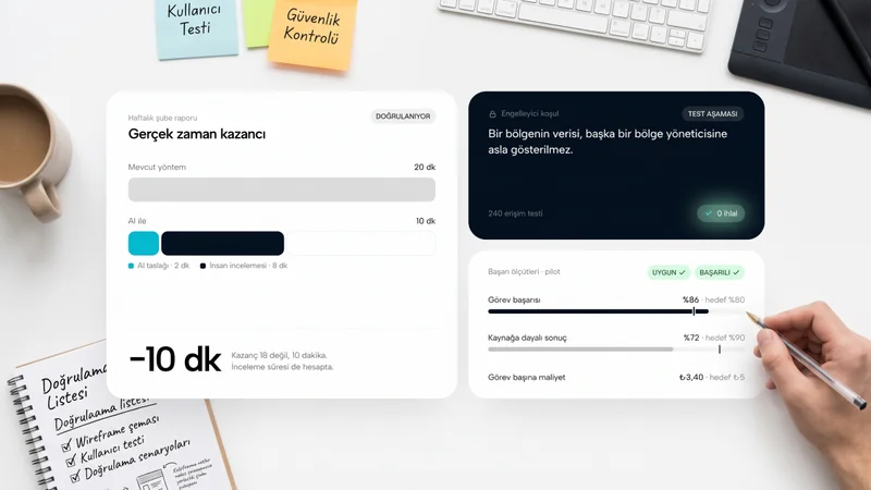 AI use case validation panels showing time savings, access security tests and pilot success criteria