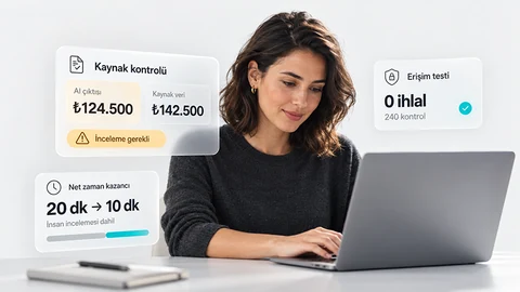 A woman reviewing AI output against source data, with access security and net time savings panels
