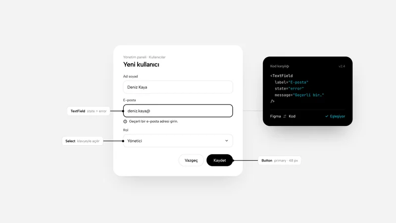 A design system example matching form fields, a keyboard-accessible select and a button between Figma and code