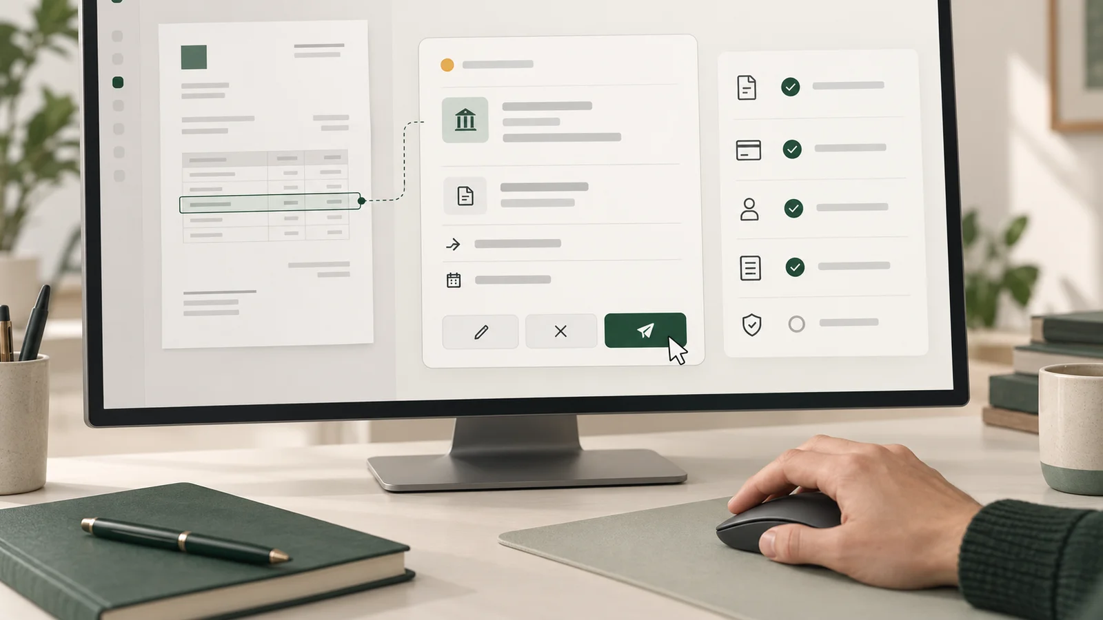 A financial transaction screen showing a source document, payment draft and human approval checks.