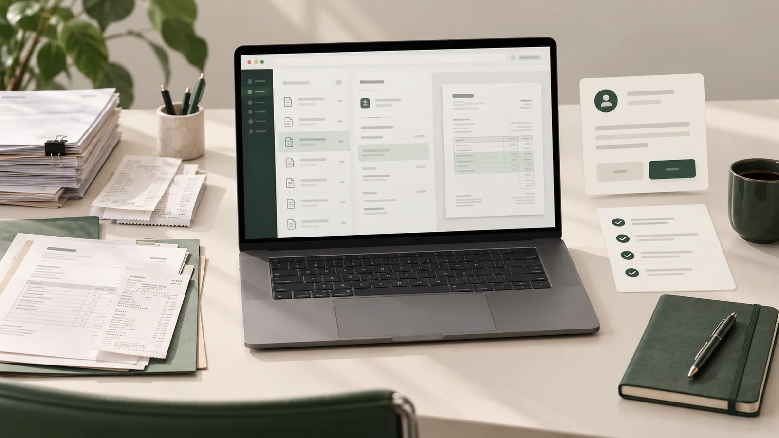 A fintech workspace with a laptop displaying financial records and human approval panels.