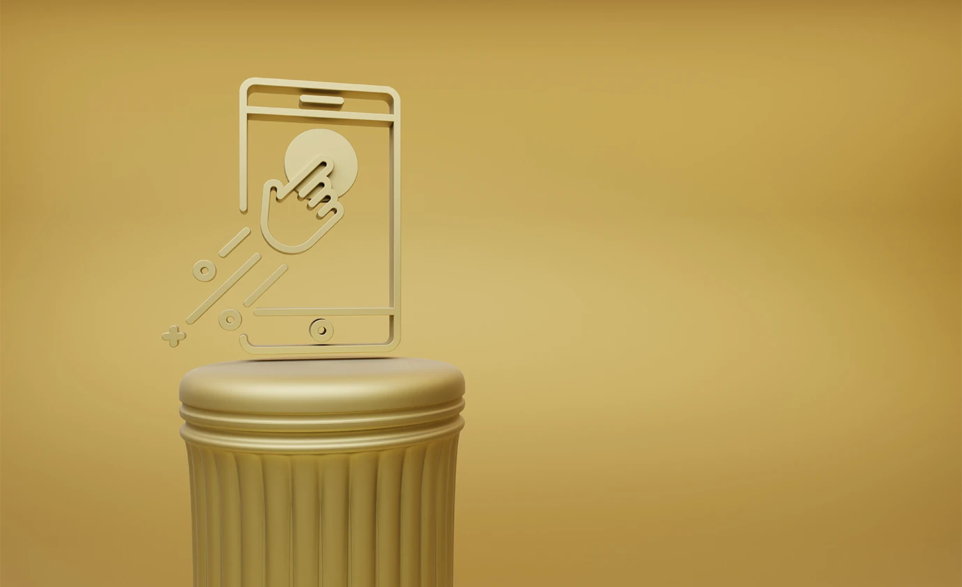 A touch and interaction symbol within a gold-colored phone frame