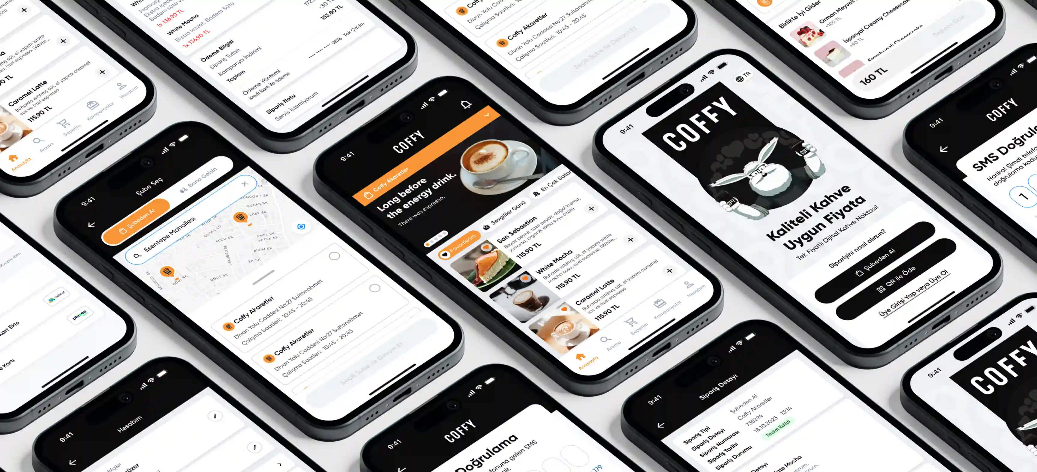 Coffy mobile app home screen and product screens