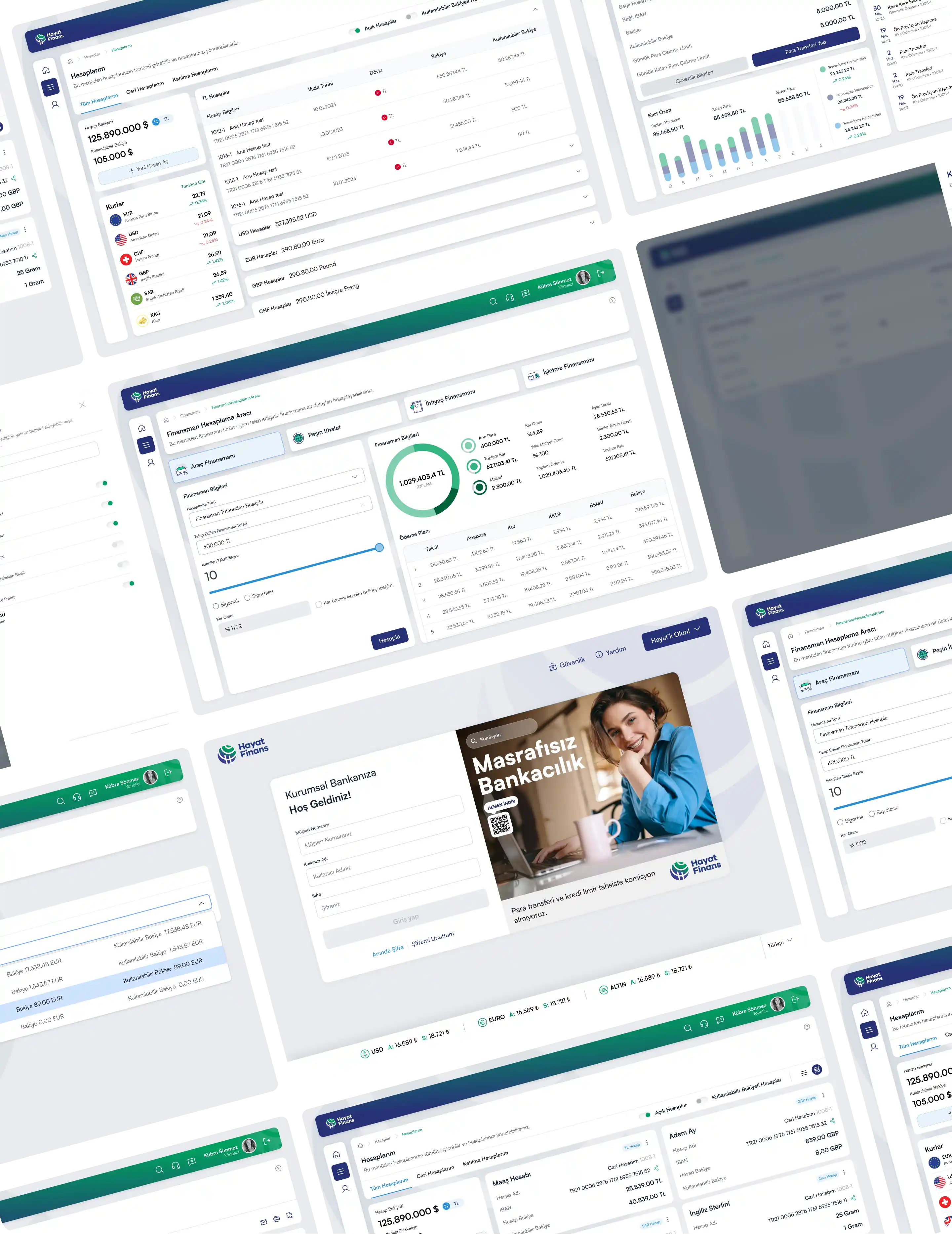 Hayat Finans digital banking platform multi-screen designs
