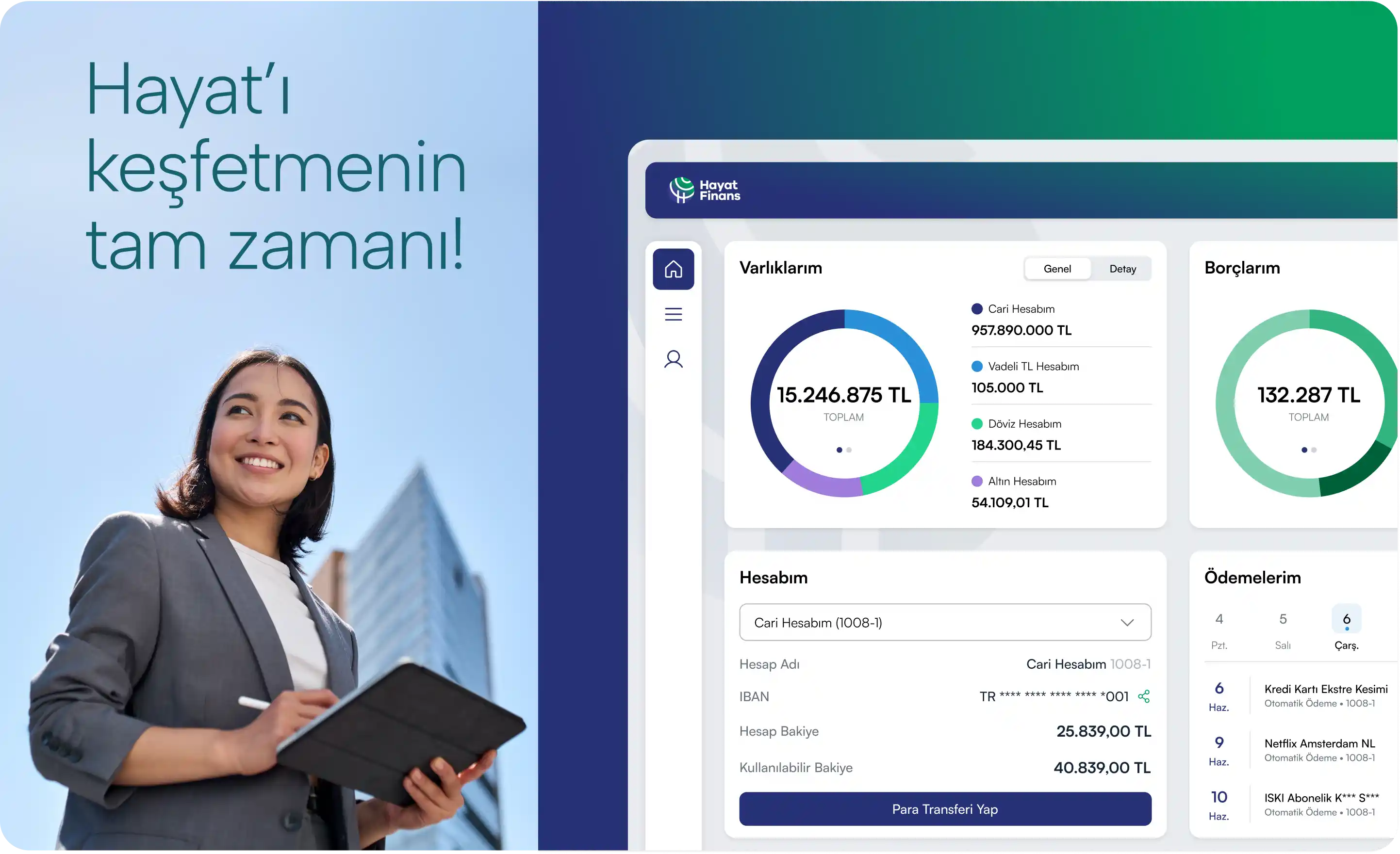 Hayat Finans internet branch dashboard and transaction screens