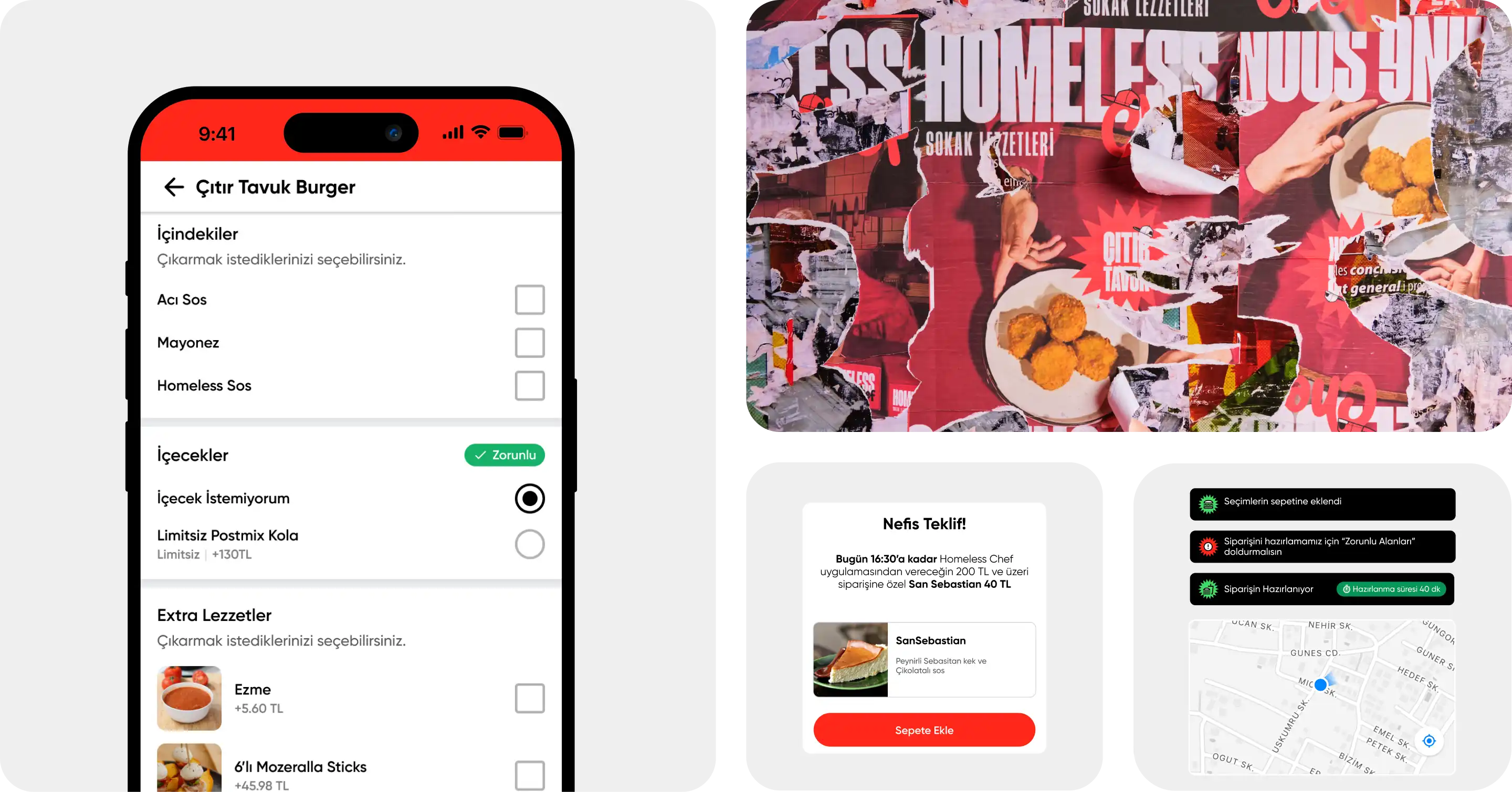 Homeless Chef food ordering app interface screens