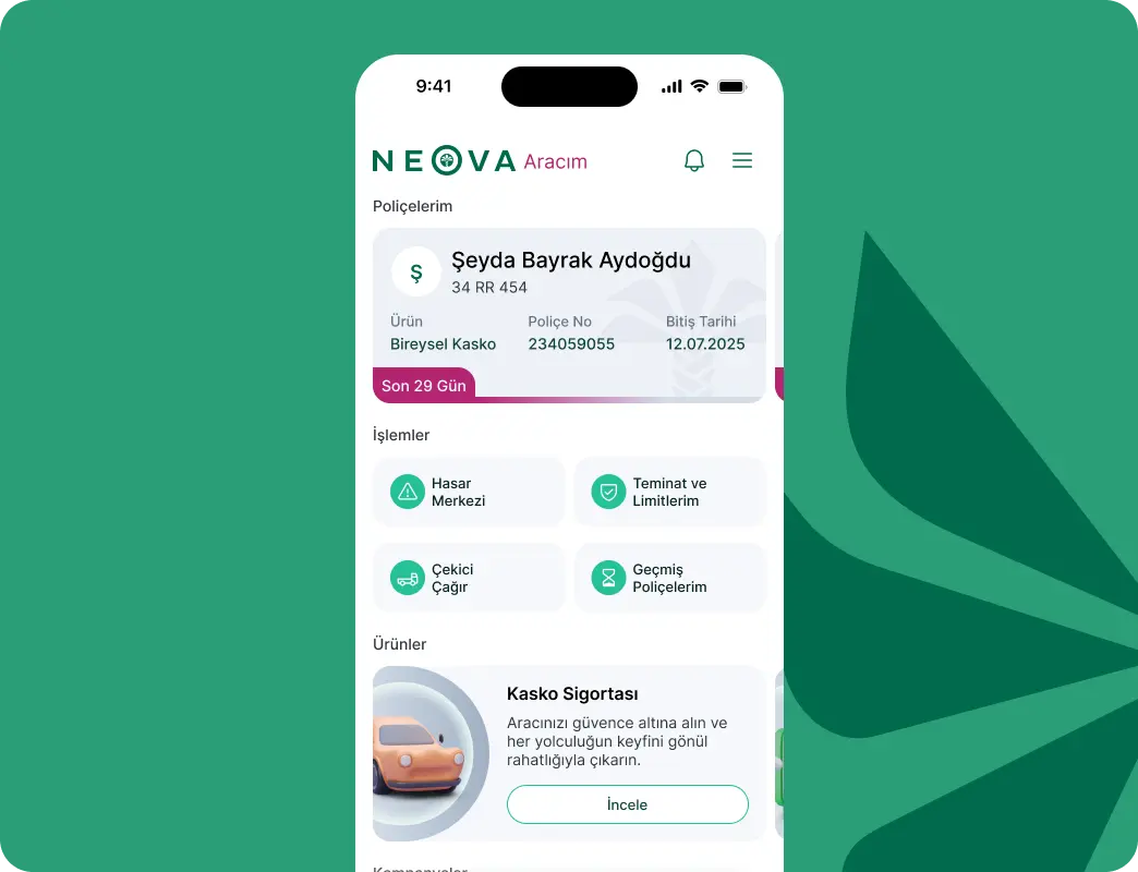 Neova Sigorta mobile application home screen desktop grid visual