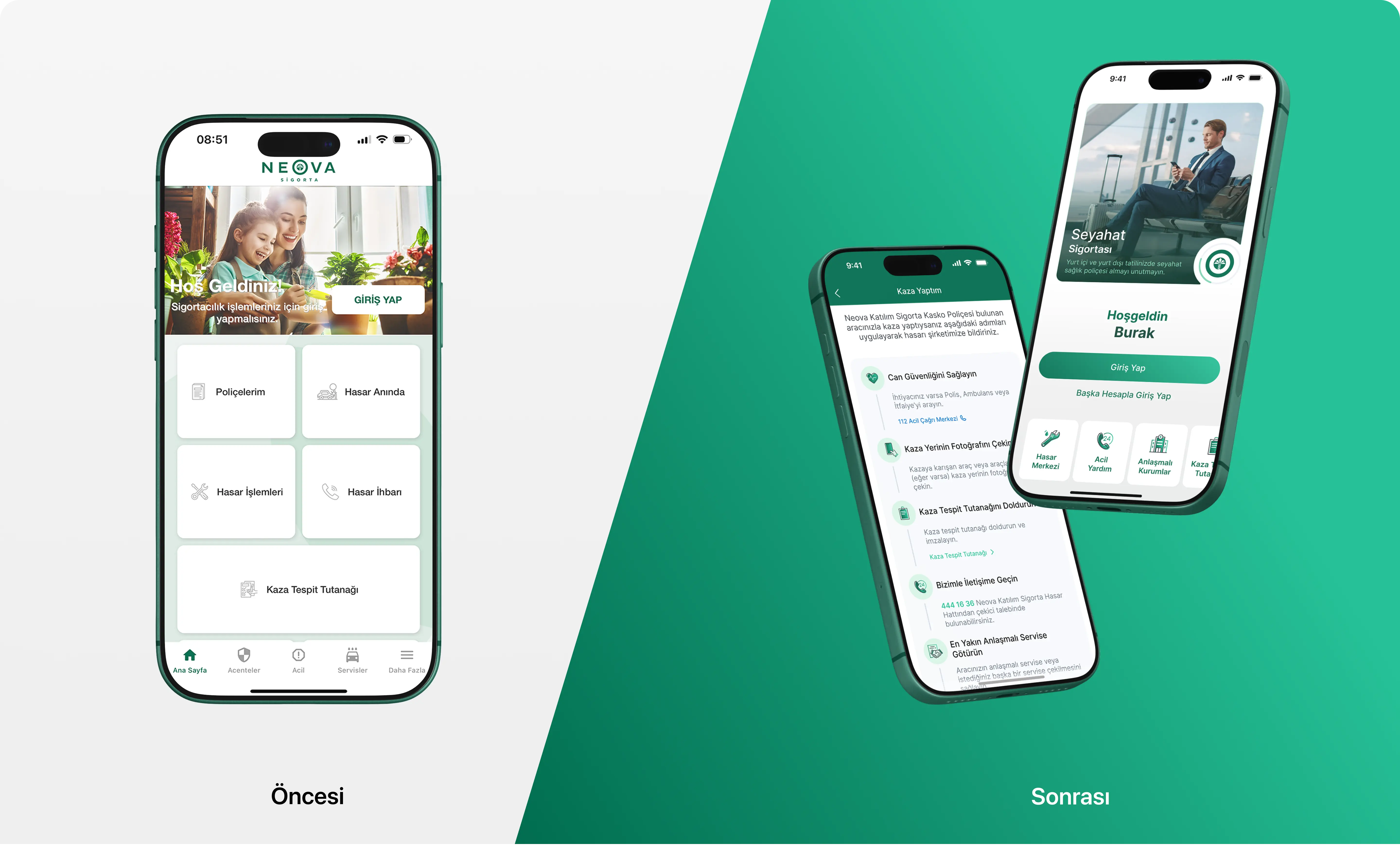 Neova Sigorta old and new mobile experience comparison