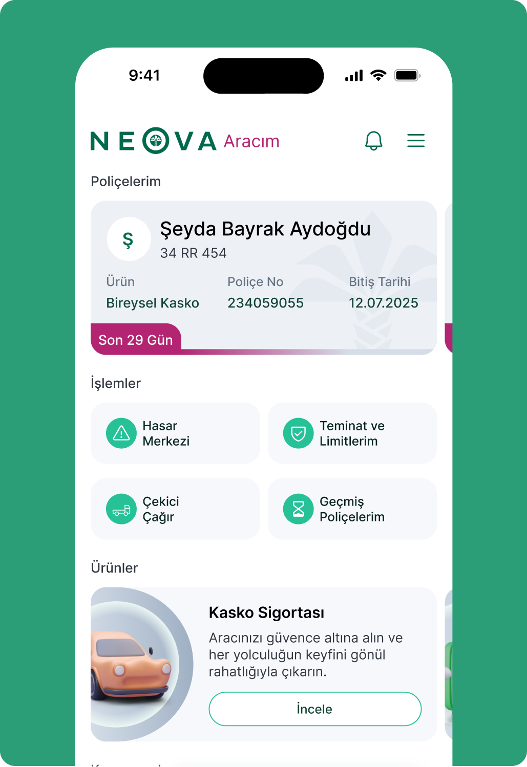 Neova Sigorta mobile application home screen preview