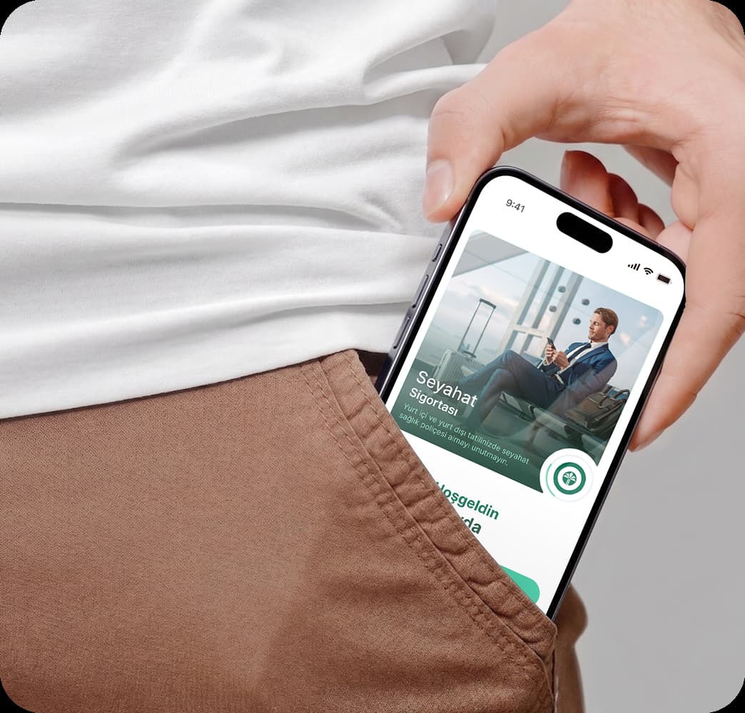 Neova Sigorta travel insurance mobile screen in pocket visual