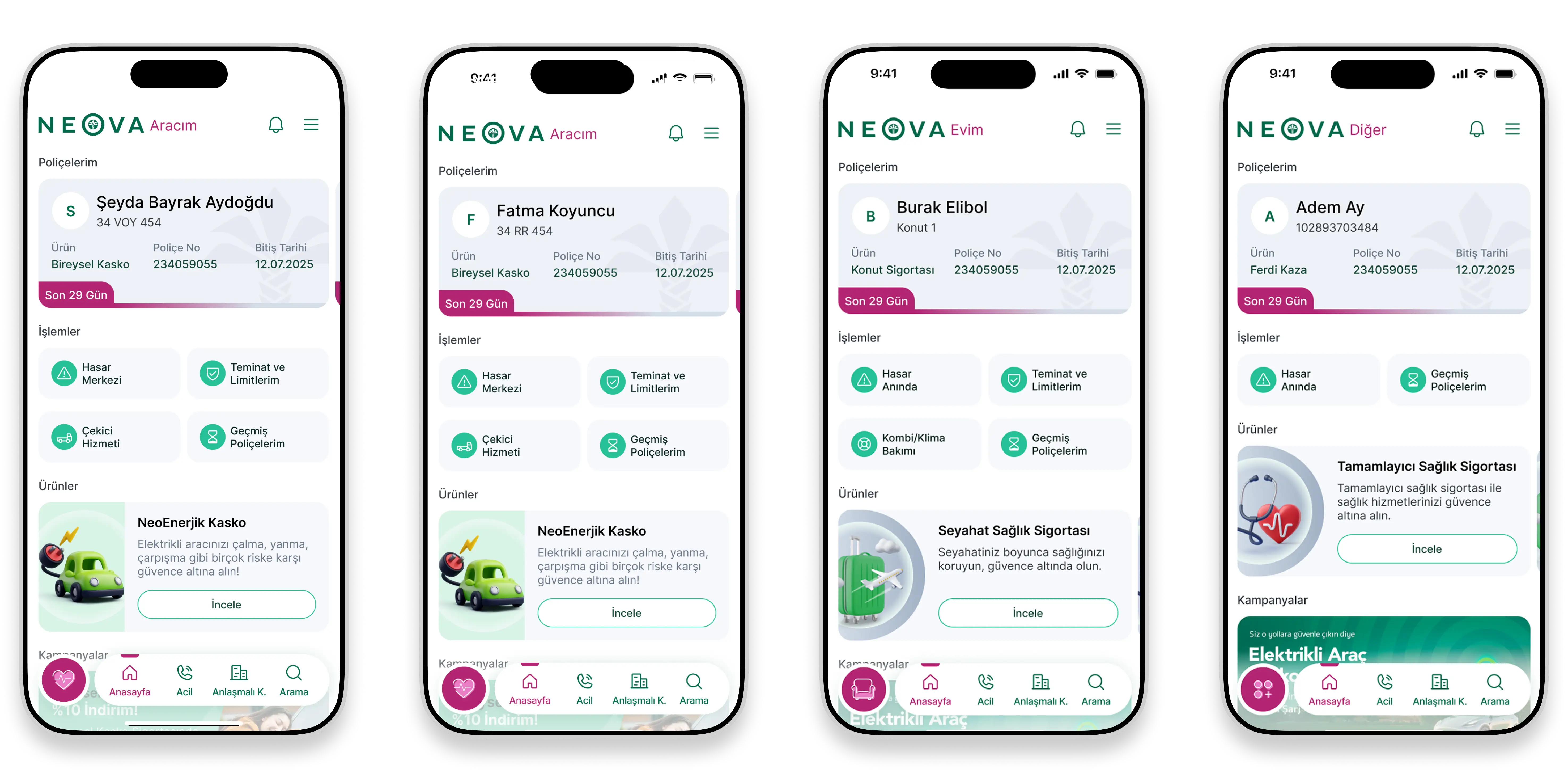 Neova Sigorta mobile application policy and product screens