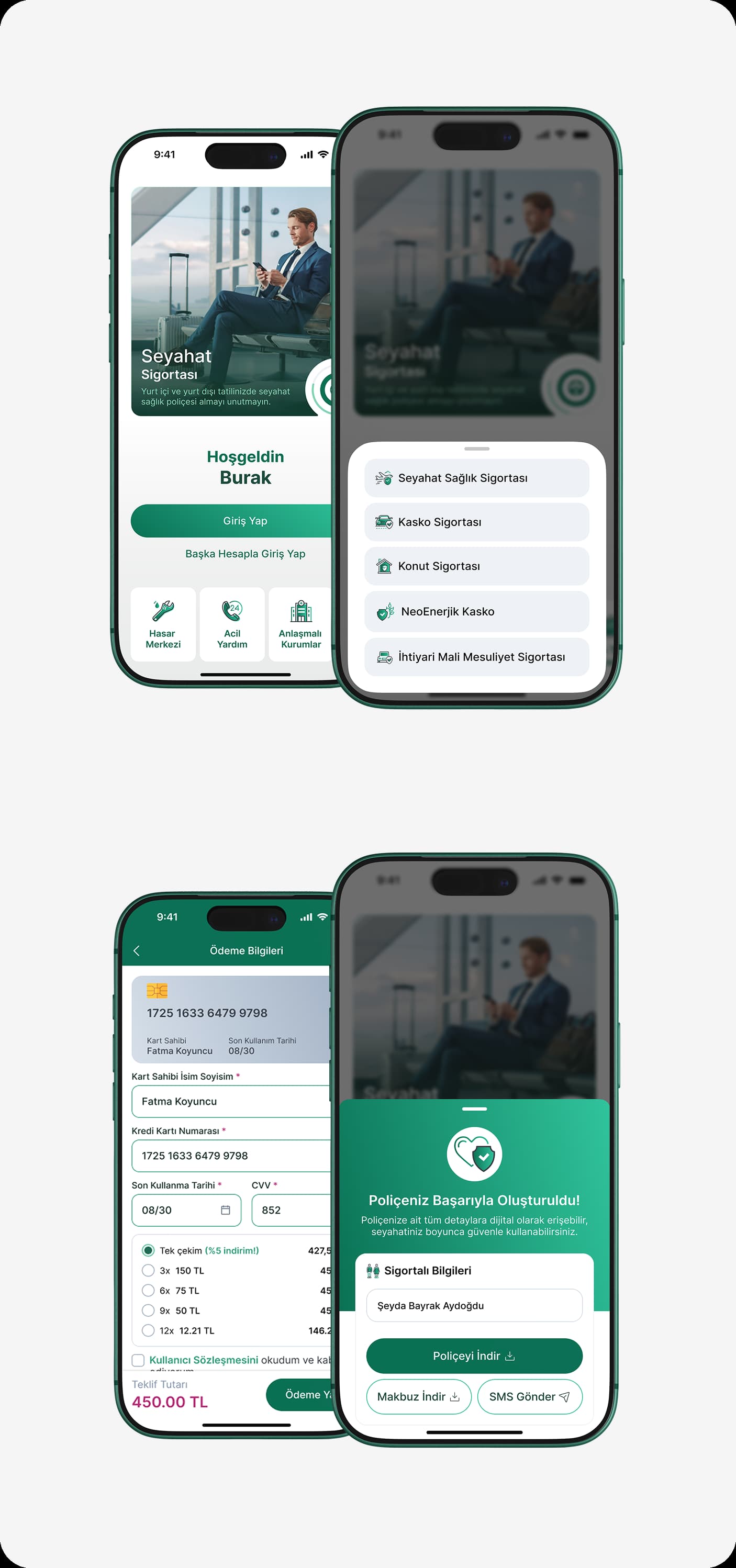 Neova Sigorta mobile purchase flow screens